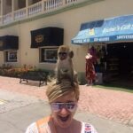 A woman with a monkey on her head on the Royal Caribbean Allure of the Seas.