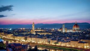 The city of Florence at dusk, reminiscent of scenes from the Inferno movie.