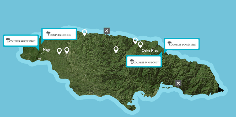Jamaica map couples 900 Couple Resorts Map of Jamaica