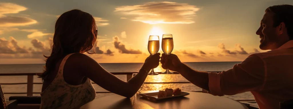 Couple toasting champagne at sunset on a cruise ship at Secrets Resorts.