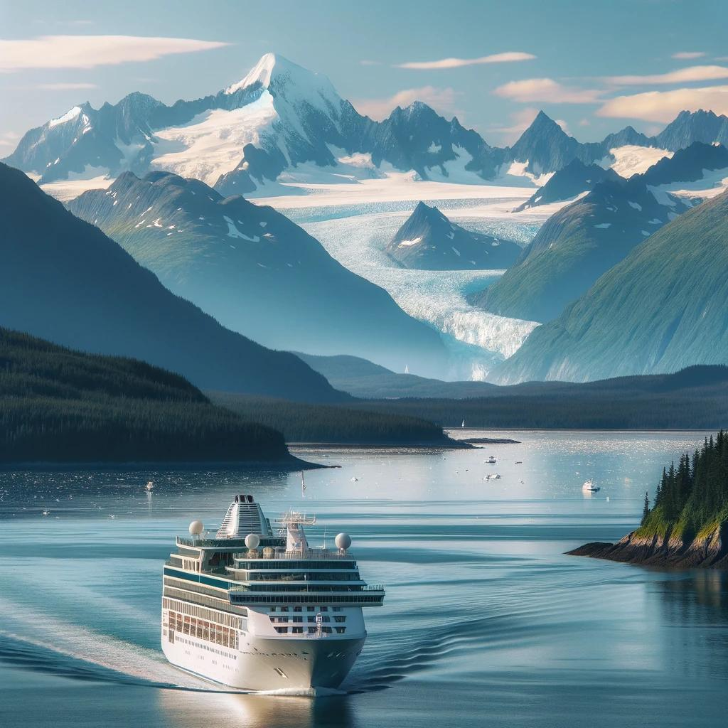 A white cruise ship sails through a calm, glacier-lined waterway with snow-capped mountains in the background under a clear sky, embodying the serene adventures detailed in A Cruiser's Guide to Alaska.